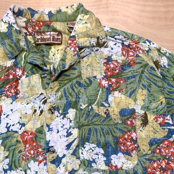 Caribbean Blues Men’s Hawaiian Shirt Size XL Green & Yellow Floral Vintage - Picture 1 of 6
